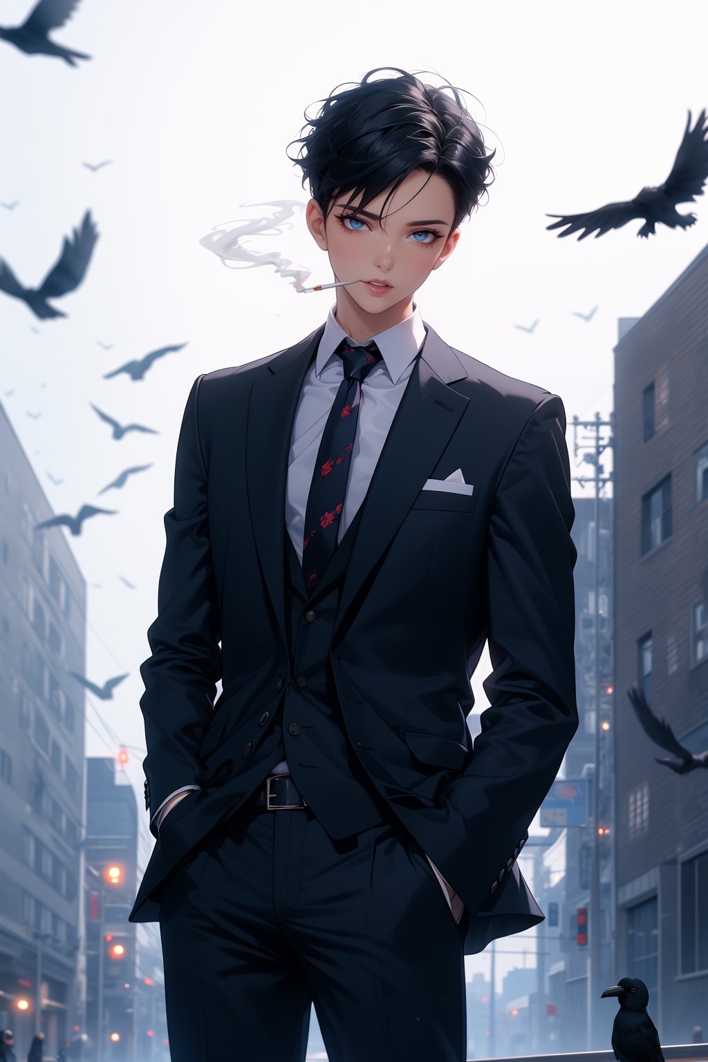 boy 30 old years, single, tall image, short hair(mullet cut), black hair, simple background, white background, wind, black eyes, smoke, hands in pockets, smoking, necktie, suit, cigarette, street at night, crows, high resolution, best quality, masterpiece.