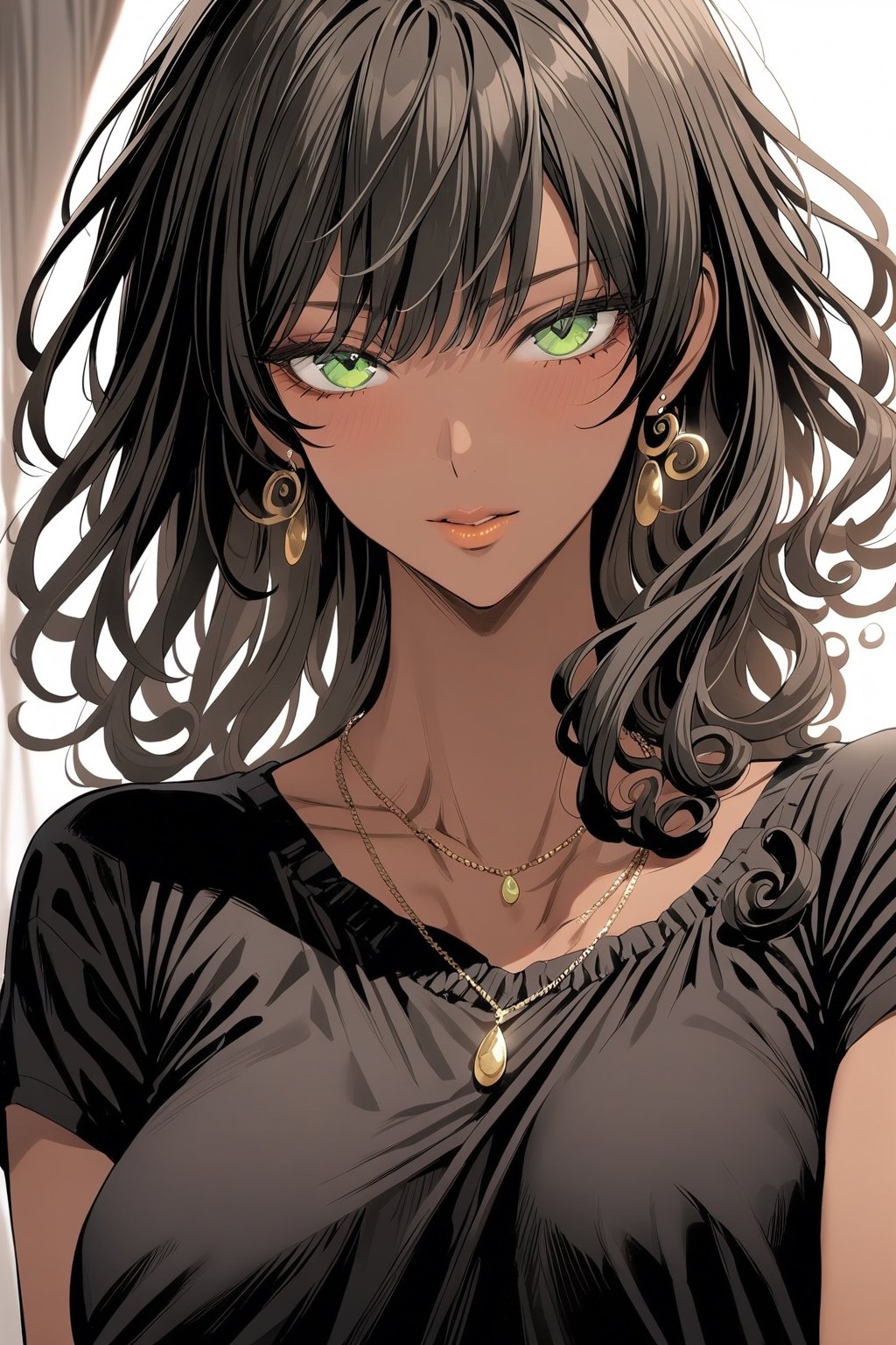 1girl, solo, looking at viewer, shirt oversize, black hair, jewelry, upper body, short sleeves, green eyes, earrings, dark skin, dark-skinned female, necklace, mole, lips, black shirt, curly hair, best quality, masterpiece, more detail XL,masterpiece,Visual Anime