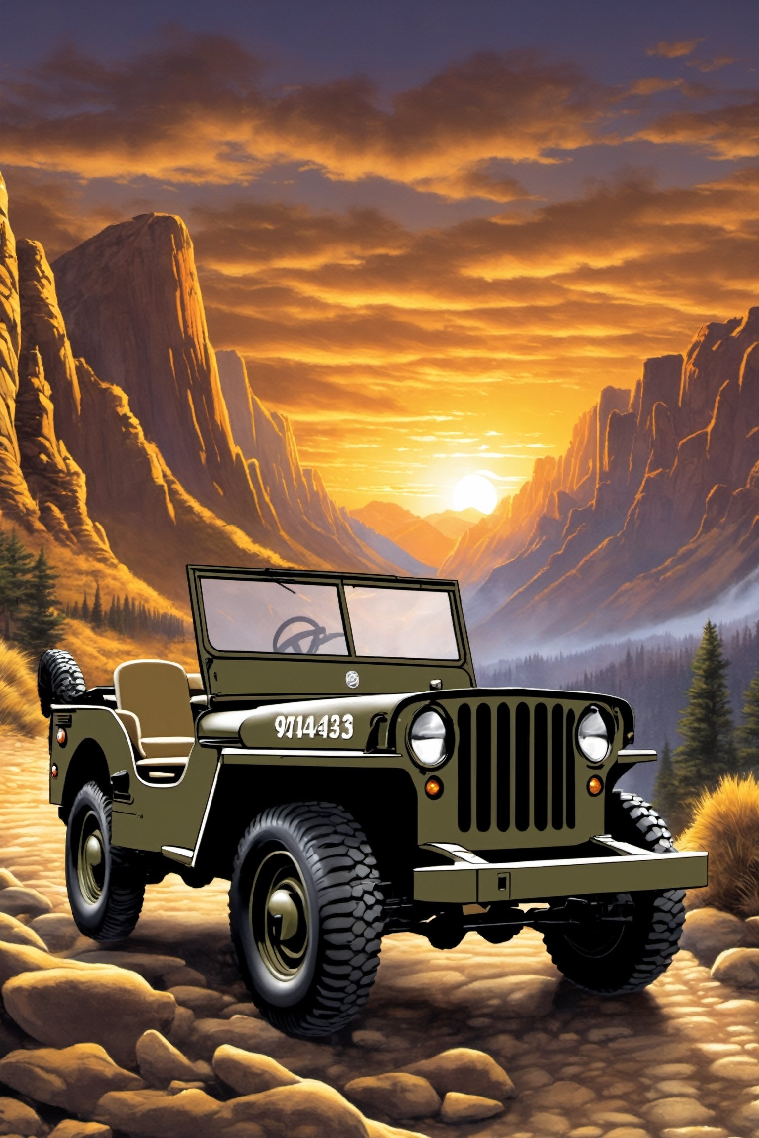 1943 military Willys Jeep positioned on rocky mountain , dramatic sunset scene featuring the Jeep with headlights turned on against the backdrop of the sunset on the road, front-left view, perspective,greg rutkowski,T shirt design,Leonardo Style