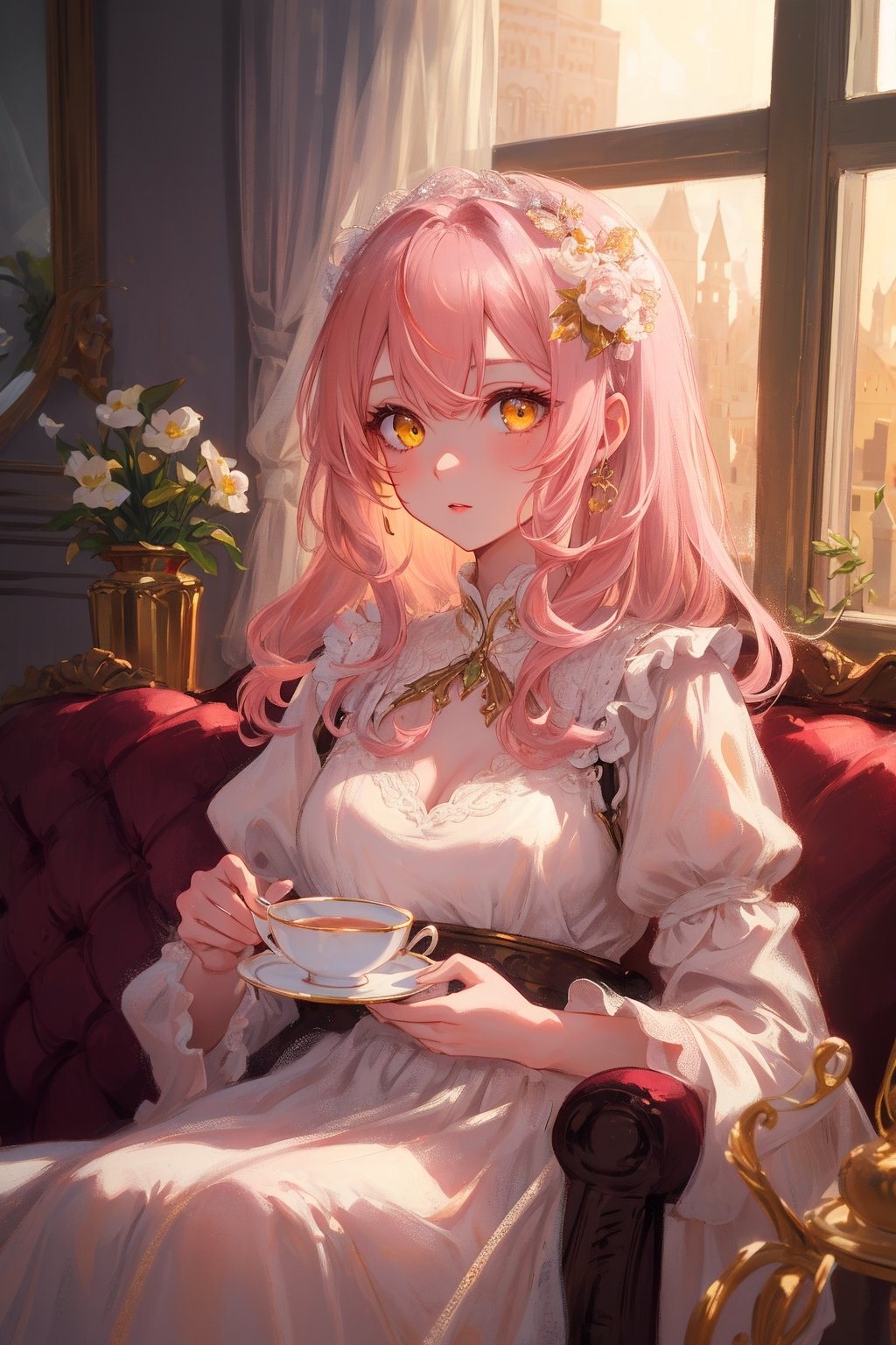 golden eyes ,pink hair,
delicate face,High detailed,Beautiful artistic conception,sweet atmosphere,Long hair,Details face, details hands, details eyes ,white dress,perfect,Princess,classic beauty,sit by the window,Holding a fancy tea cup,light, yellow_eyes