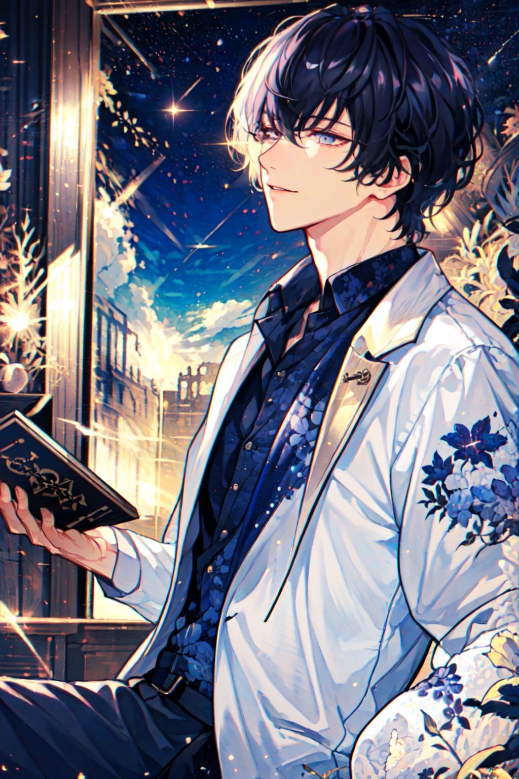 boy,short black hair,white long sleeve shirt,masterpiece,Book,a handsome man,magic research,By the window and starry night,golden magic dust,magician,golden sands,detailed_background,Black hair,best quality,high detail eyes,incredibly absurdres,male,slender wrist,1guy,Purple eyes,Youthful feeling,one person