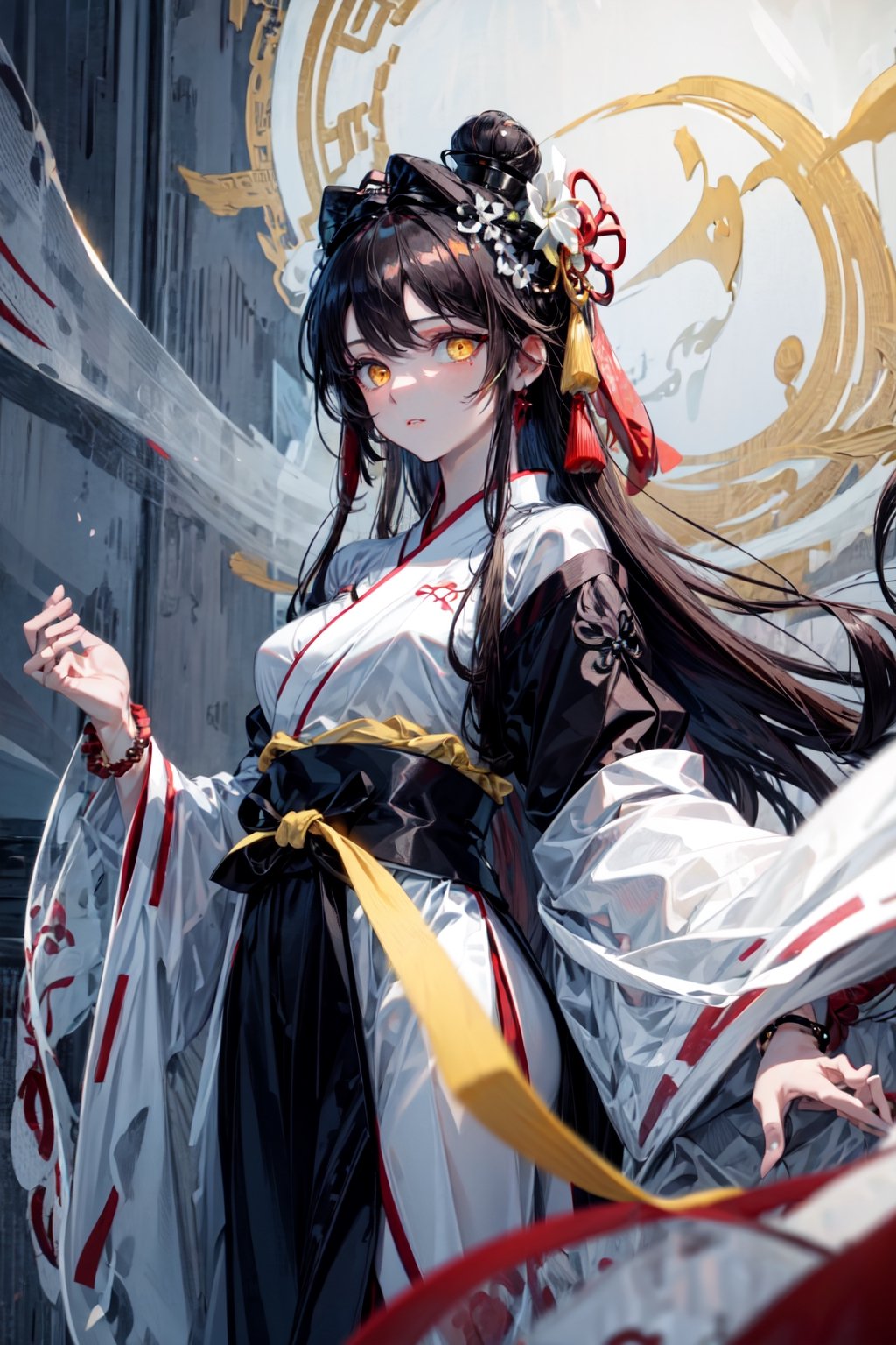 A beautiful girl, white skin, long
brown hair,fringed bangs and a big red ribbon on her head tied behind her head, dressed in a Black and white Hanfu , sharp yellow eyes, curly eyelashes, black baground,ancient_beautiful,Chinese style, yellow_eyes,white bracelet