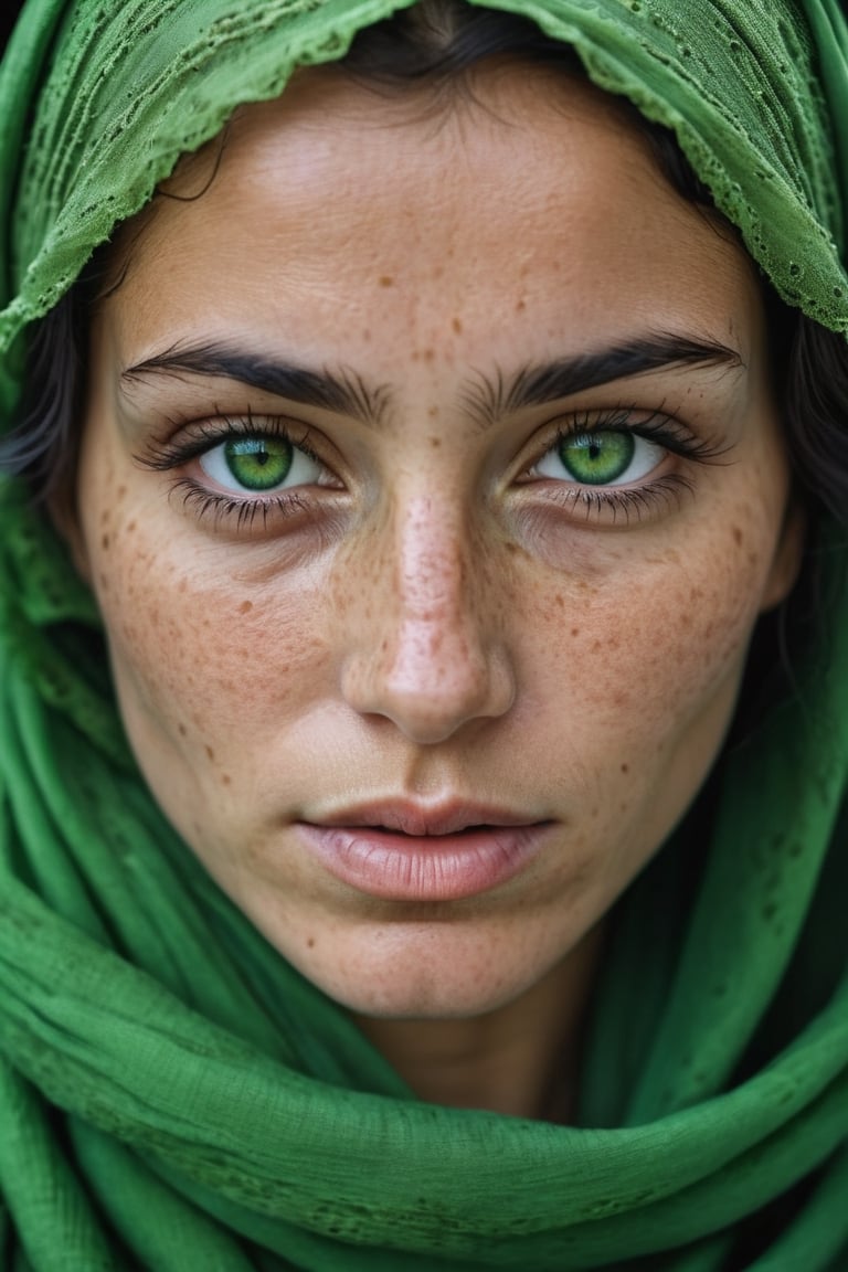Portrait photography, Afghan women, rough skin texture,  freckles, green pupils, green headscarf, green clothes, clear iris texture, vicissitudes of life, melancholy expression,  