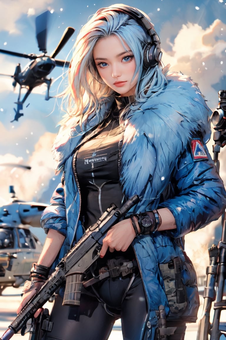 1girl, solo, short hair, blue eyes, holding, blue hair, weapon, white hair, sky, cloud, holding weapon, gun, bodysuit, holding gun, rifle, headset, science fiction, aircraft, assault rifle, sniper rifle, scope, helicopter,