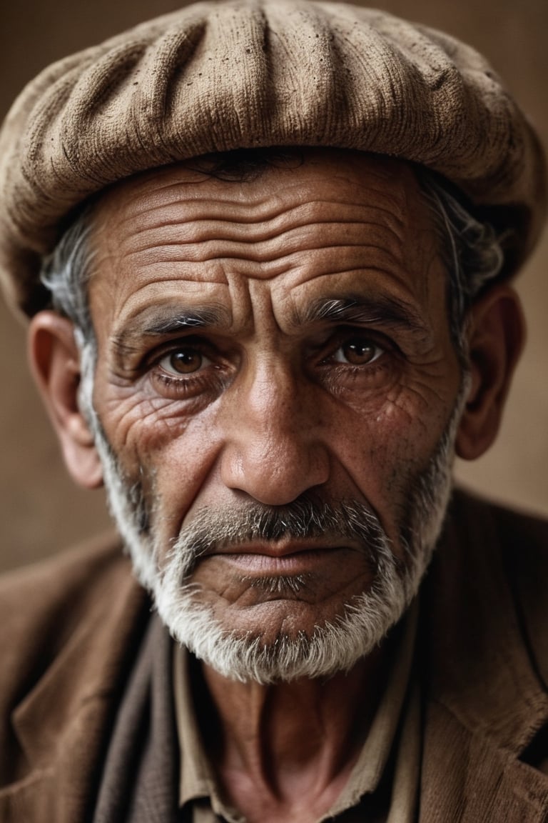 Portrait, photography, Afghan old man , 50 yo, wearing brown hat, brown clothes, rough skin texture, brown pupils, wrinkle,  clear iris texture, freckles , vicissitudes of life, melancholy expression, focus on eyes, (brown background:1.3) , indoors, 