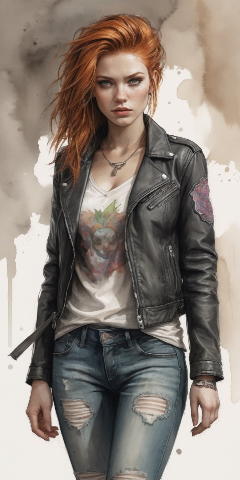 (masterpiece, high quality, 8K, high_res), 
((ink drawning and watercolor wash)), grunge style, mystic embience, 
ultra detailed illustration, incredibly beautiful young woman, ginger hair, green eyes,
black leather jacket with punk patches, loose V-neck T-shirt, worn out old jeans, skater sneakers,
rock bar background, vampire elements, gothic detailes, 
relax poses. 
,portraitart