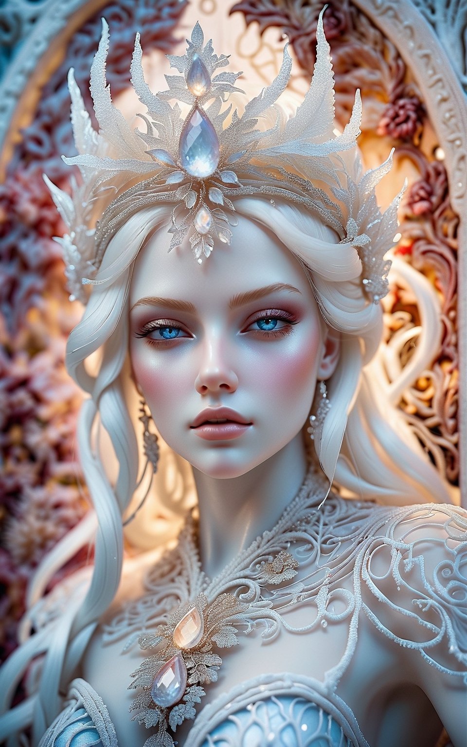 (best quality,8K,highres,masterpiece), ultra-detailed, (portrait of a beautiful ice fairy with albino porcelain skin), a enchanting ice fairy with ethereal features. Her porcelain skin is pristine and pale, with a delicate beauty that captivates the viewer. Ice blue eyes gleam with an otherworldly light, while her hair cascades in intricate ice-like strands, shimmering with a rasta-inspired pattern. Adorned with pearls and crystalline ice accents, she exudes an aura of timeless elegance and mystique. The scene is reminiscent of a fairy tale, with a monochrome color palette adding to the dreamlike quality of the artwork. Created using a mixed-media collage technique, the portrait is a masterpiece of texture and depth, with every detail meticulously crafted to perfection. Feel free to add your own creative touches to enhance the enchantment and beauty of this captivating ice fairy.