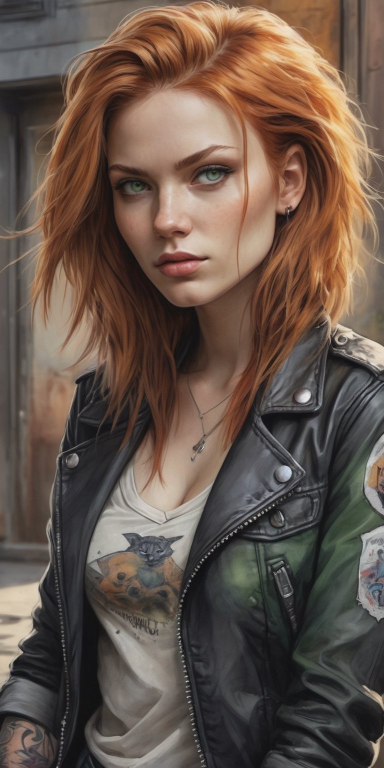 (masterpiece, high quality, 8K, high_res), 
((ink drawning and watercolor wash)), grunge style, mystic embience, 
ultra detailed illustration, incredibly beautiful young woman, ginger hair, green eyes,
black leather jacket with punk patches, loose V-neck T-shirt, worn out old jeans, skater sneakers,
rock bar background, vampire elements, gothic detailes, 
relax poses. 
,portraitart