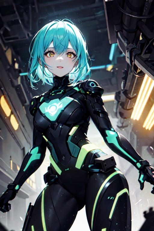 vibrant colors, female, masterpiece, sharp focus, best quality, depth of field, cinematic lighting, ((solo, one woman )), (illustration, 8k CG, extremely detailed), masterpiece, ultra-detailed, Kingdom of Mechanisms

Hair Length: Short and shaggy
Hair Color: Bright Cyan
Eye color: Neon yellow
Clothes: Engineer suit with metal parts, night vision goggles.

This figure stood in the Clockwork Realm, with short, bright cyan hair that seemed to glow with electrical energy. Neon yellow eyes scrutinized the complex mechanisms and machines that populated the kingdom. He wore an engineer's suit with metal parts and night vision goggles, immersed in his work of creating and maintaining the kingdom's machines.,gore