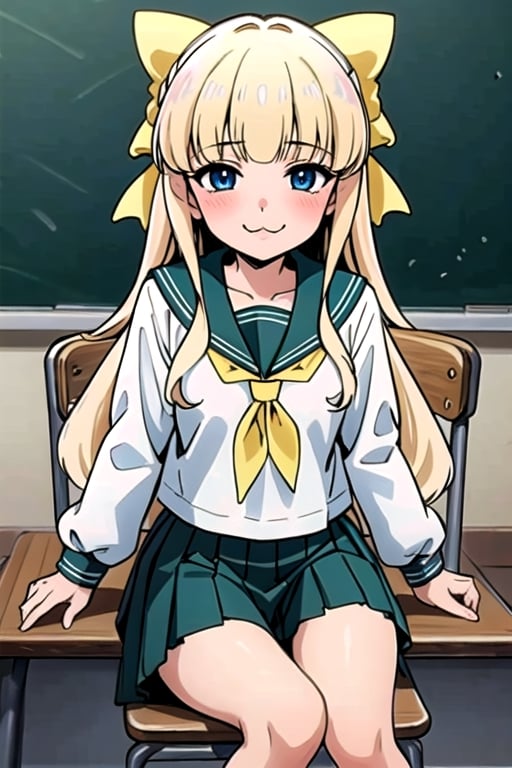 sulfur,1girl  solo  long hair  looking at viewer  blush  smile  bangs  blue eyes  skirt  blonde hair  long sleeves  bow  sitting  school uniform  hair bow  pleated skirt  serafuku  indoors  blunt bangs  sailor collar  neckerchief  v  :3  chair  green skirt  yellow bow  desk  double v  classroom  school desk  chalkboard