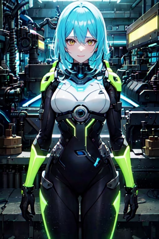 vibrant colors, female, masterpiece, sharp focus, best quality, depth of field, cinematic lighting, ((solo, one woman )), (illustration, 8k CG, extremely detailed), masterpiece, ultra-detailed, Kingdom of Mechanisms

Hair Length: Short and shaggy
Hair Color: Bright Cyan
Eye color: Neon yellow
Clothes: Engineer suit with metal parts, night vision goggles.

This figure stood in the Clockwork Realm, with short, bright cyan hair that seemed to glow with electrical energy. Neon yellow eyes scrutinized the complex mechanisms and machines that populated the kingdom. He wore an engineer's suit with metal parts and night vision goggles, immersed in his work of creating and maintaining the kingdom's machines.,gore