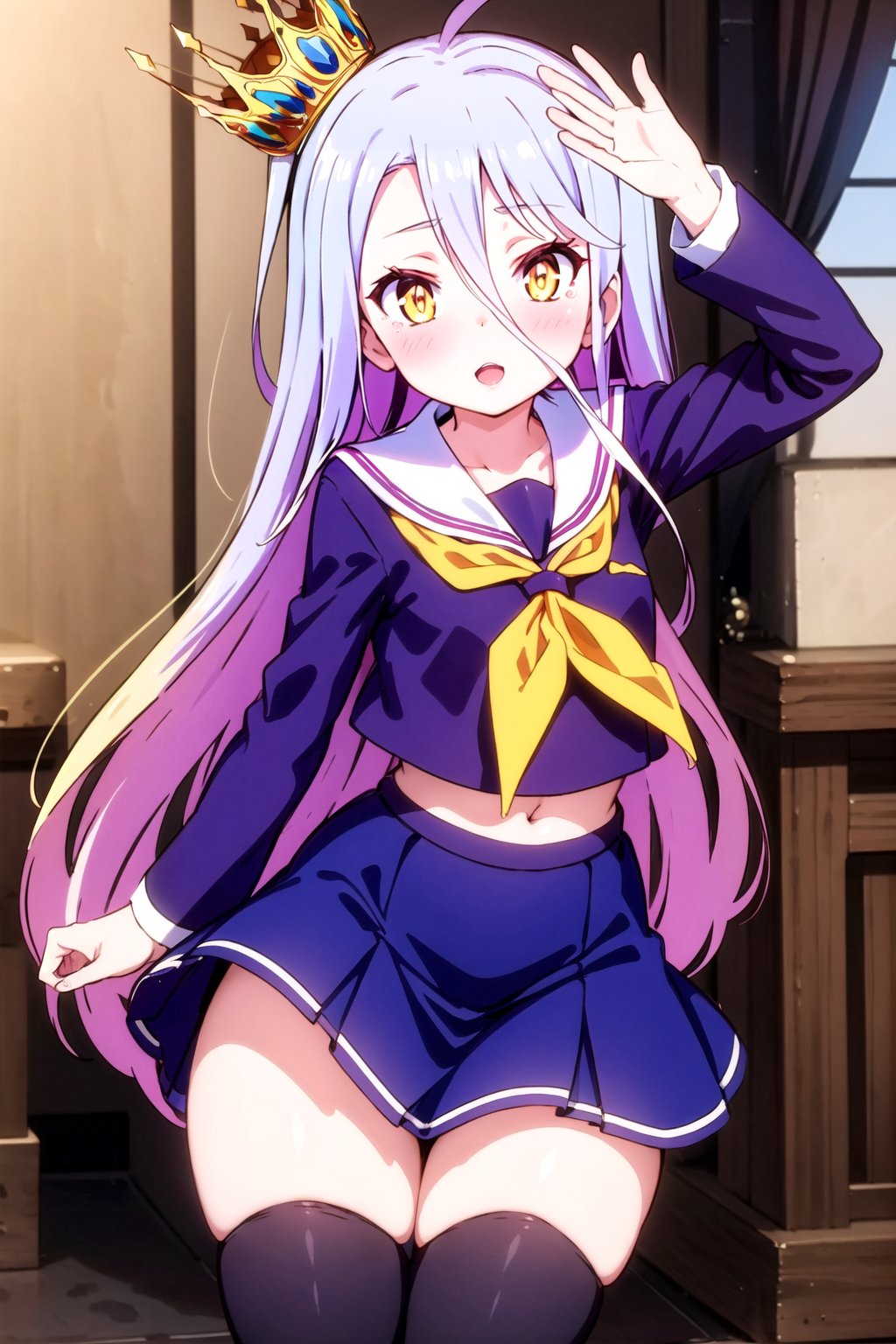 shiro,1girl solo long hair looking at viewer blush open mouth skirt thighhighs very long hair school uniform yellow eyes serafuku black thighhighs zettai ryouiki crown