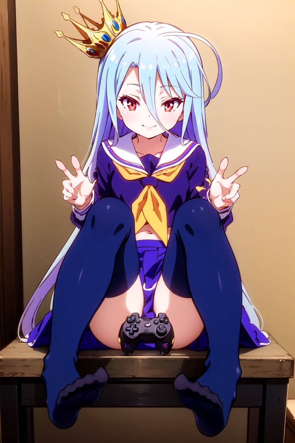 shiro,1girl solo long hair looking at viewer smile skirt red eyes thighhighs hair between eyes sitting very long hair school uniform blue hair serafuku black thighhighs grin feet toes no shoes soles crown controller toeless legwear game controller stirrup legwear playstation controller,lolicon,class_room