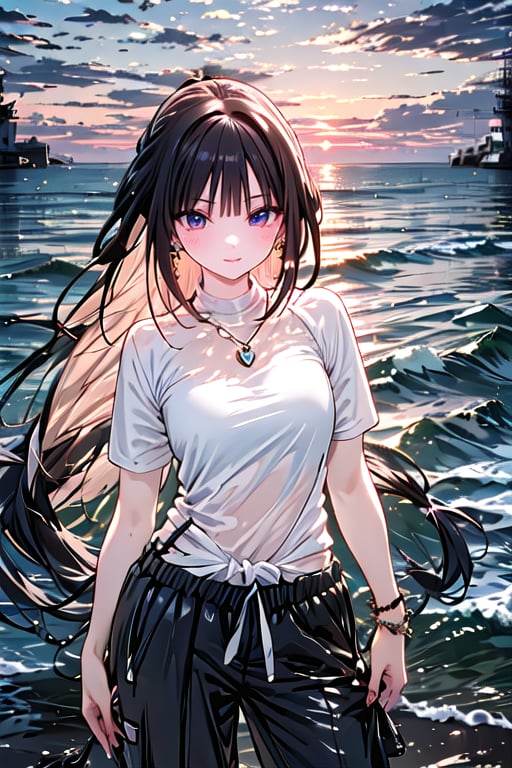 French girl,grey blonde hair(very long hair, curly_hair),long ponytail,hiphop dancer,wearing all black clothes (loose fit top and wide cargo pants),sneakers,accessories(necklace,ear_rings), standing in the sea,horizon,seaside,vivid sea color,red lighthouse,sunset,Best Quality, 32k, photorealistic, ultra-detailed, finely detailed, high resolution, perfect dynamic composition, beautiful detailed eyes, sharp-focus, cowboy_shot, 