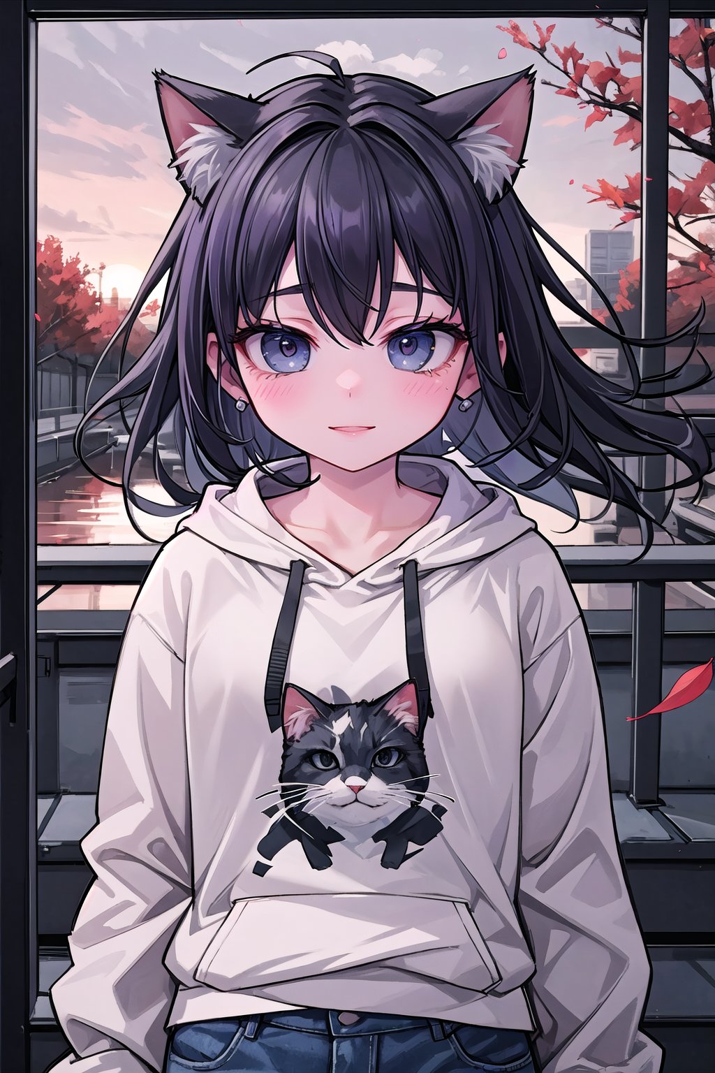 A young woman with a laid-back style, wearing jeans and a hoodie, her naturally curly black hair framing her face, paired with soulful brown eyes and expressive eyebrows, radiating a relaxed and easygoing expression, standing, long bangs, wind, floating hair, falling petals, autumn leaves, sunset, drain \(object\), upper body, masterpiece, best quality, artgem, digital art, intricate detail, highres, 
,1girl,pastelbg,cat ear