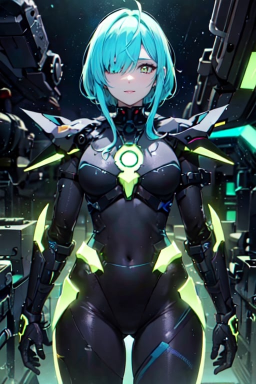 vibrant colors, female, masterpiece, sharp focus, best quality, depth of field, cinematic lighting, ((solo, one woman )), (illustration, 8k CG, extremely detailed), masterpiece, ultra-detailed, Kingdom of Mechanisms

Hair Length: Short and shaggy
Hair Color: Bright Cyan
Eye color: Neon yellow
Clothes: Engineer suit with metal parts, night vision goggles.

This figure stood in the Clockwork Realm, with short, bright cyan hair that seemed to glow with electrical energy. Neon yellow eyes scrutinized the complex mechanisms and machines that populated the kingdom. He wore an engineer's suit with metal parts and night vision goggles, immersed in his work of creating and maintaining the kingdom's machines.