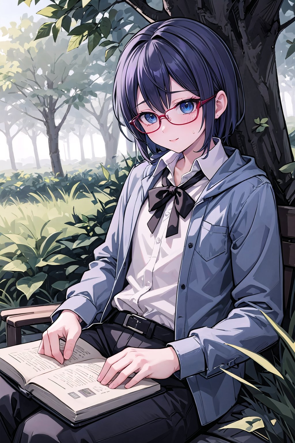 In a vibrant anime-inspired setting, a single, bespectacled young man sits on a grassy hill within the park's lush greenery. His bright blue eyes sparkle as he gazes down at a book lying open in his lap. The sun casts a warm glow, and the surrounding trees provide a gentle rustling of leaves. The focus is sharp on the man's face, with a soft blur effect on the background to emphasize its depth.