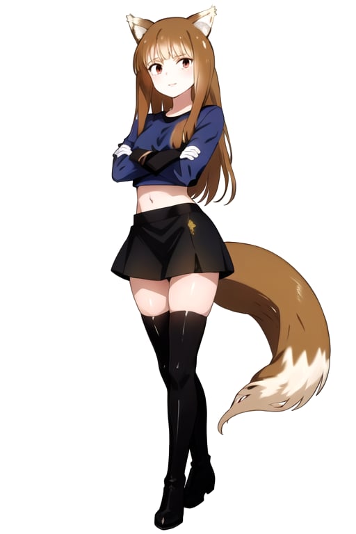 ,holo,1girl, solo, long hair, skirt, simple background, brown hair, shirt, black hair, thighhighs, white background, navel, brown eyes, full body, boots, midriff, black thighhighs, black footwear, zettai ryouiki, thigh boots, crossed arms, t-shirt,wolf ,tail 