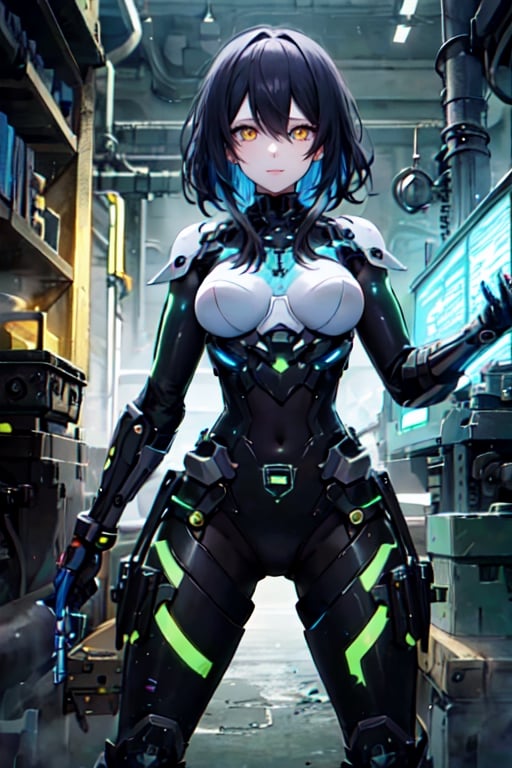 vibrant colors, female, masterpiece, sharp focus, best quality, depth of field, cinematic lighting, ((solo, one woman )), (illustration, 8k CG, extremely detailed), masterpiece, ultra-detailed, Kingdom of Mechanisms

Hair Length: Short and shaggy
Hair Color: Bright Cyan
Eye color: Neon yellow
Clothes: Engineer suit with metal parts, night vision goggles.

This figure stood in the Clockwork Realm, with short, bright cyan hair that seemed to glow with electrical energy. Neon yellow eyes scrutinized the complex mechanisms and machines that populated the kingdom. He wore an engineer's suit with metal parts and night vision goggles, immersed in his work of creating and maintaining the kingdom's machines.