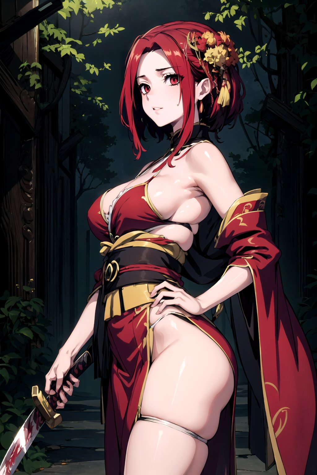 In the depths of a foreboding forest, shrouded in an eerie darkness (1.4), a young anime girl stands poised for battle, her dark red kimono adorned with intricate chrysanthemum floral décoration. Her hand grasps the sheath of a bloody katana, its deadly intent evident as she assumes a dynamic fight stance. A crimson Oni mask wraps around her face, its demonic essence amplified by the surrounding gloom. The atmosphere is heavy with tension, as if the very shadows themselves conspire against her.