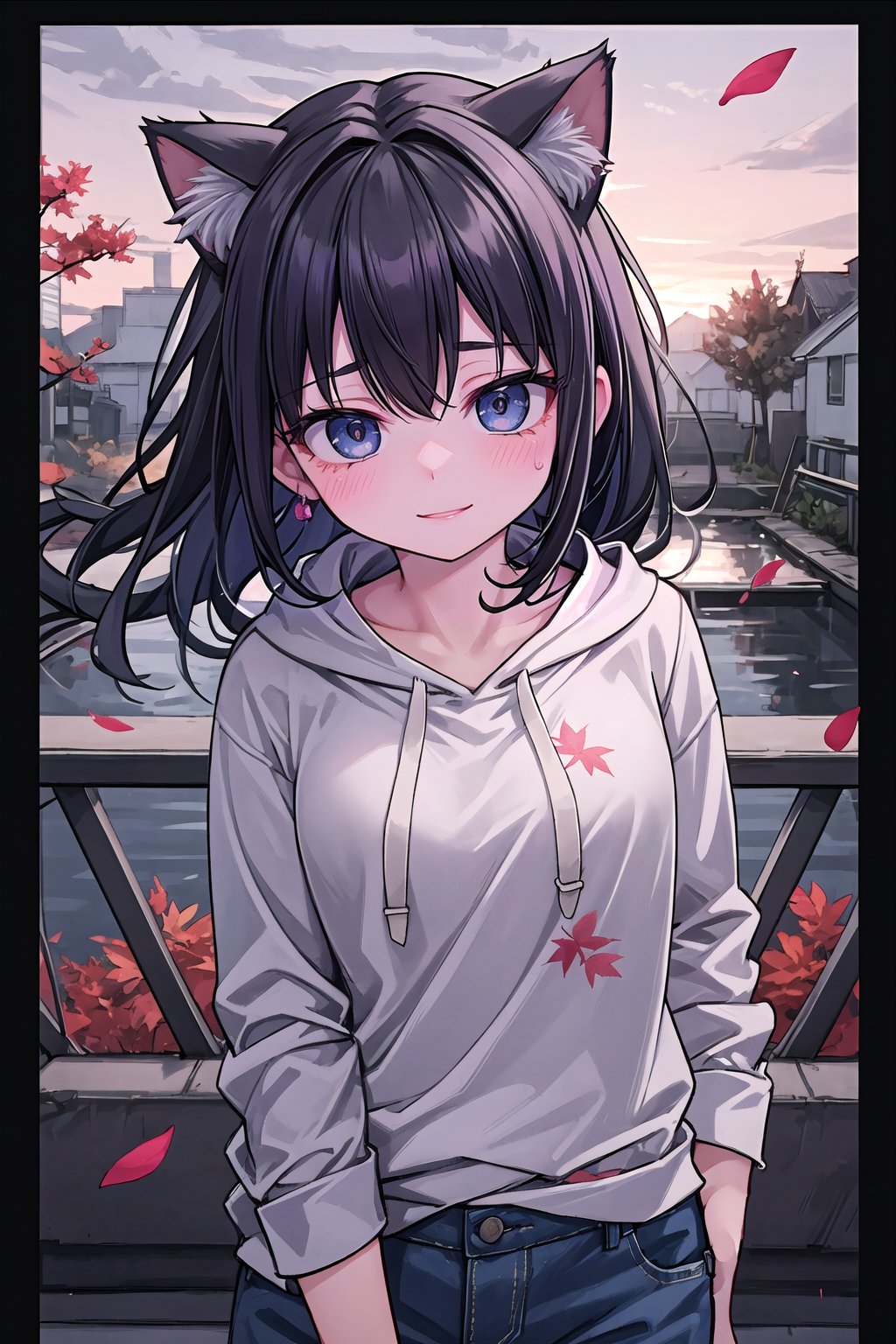 A young woman with a laid-back style, wearing jeans and a hoodie, her naturally curly black hair framing her face, paired with soulful brown eyes and expressive eyebrows, radiating a relaxed and easygoing expression, standing, long bangs, wind, floating hair, falling petals, autumn leaves, sunset, drain \(object\), upper body, masterpiece, best quality, artgem, digital art, intricate detail, highres, 
,1girl,pastelbg,cat ear