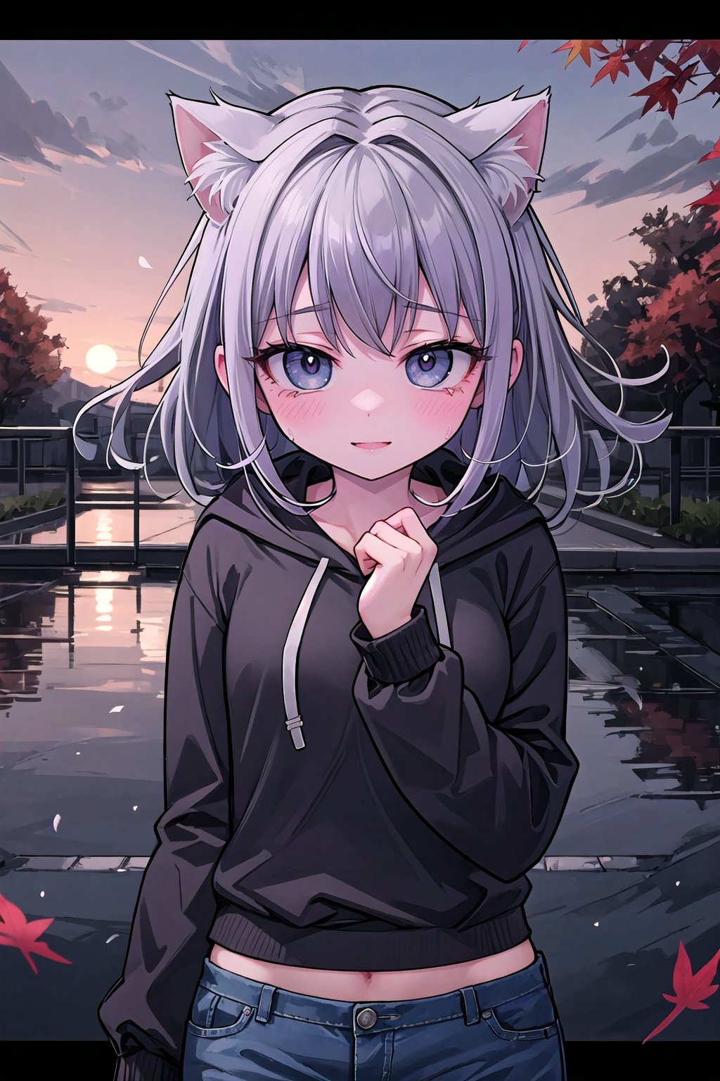 A young woman with a laid-back style, wearing jeans and a hoodie, her naturally curly 
white  hair framing her face, paired with soulful brown eyes and expressive eyebrows, radiating a relaxed and easygoing expression, standing, long bangs, wind, floating hair, falling petals, autumn leaves, sunset, drain \(object\), upper body, masterpiece, best quality, artgem, digital art, intricate detail, highres, 
,1girl,pastelbg,cat ear