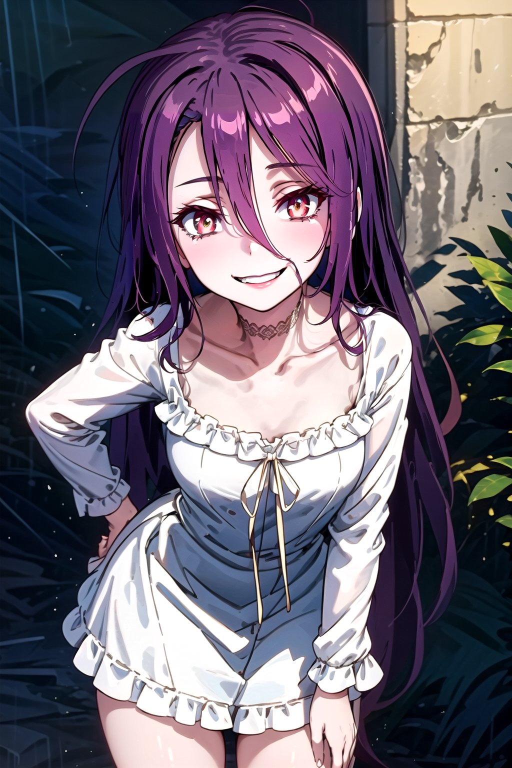 1girl solo long hair looking at viewer smile bangs black hair red eyes long sleeves dress ribbon hair between eyes very long hair collarbone outdoors frills choker indoors white dress grin red ribbon leaning forward black choker frilled dress glowing eyes