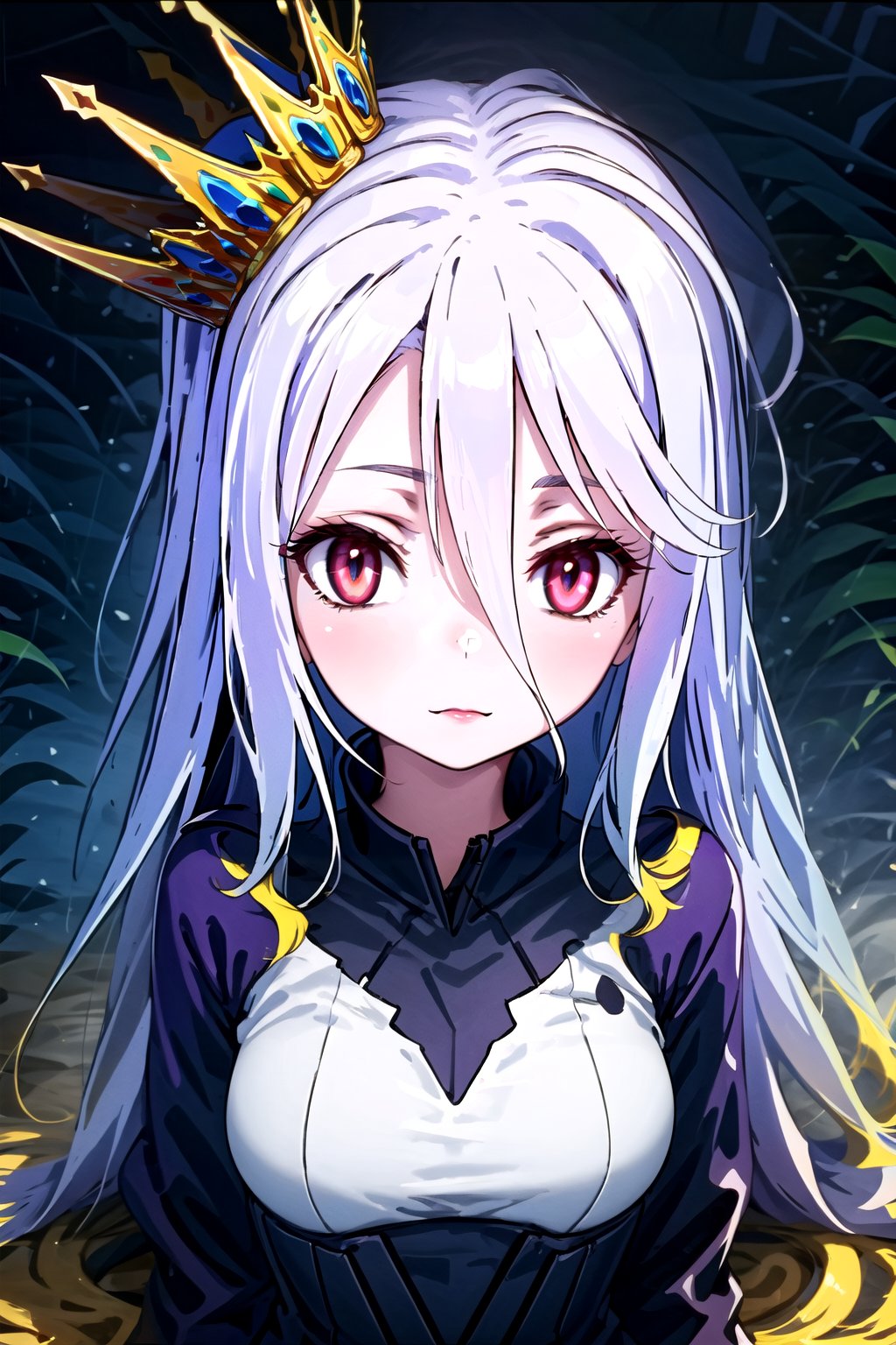 1girl solo long hair looking at viewer bangs red eyes hair between eyes closed mouth upper body grey hair crown multicolored eyes