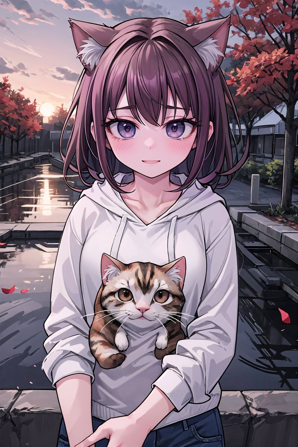 A young woman with a laid-back style, wearing jeans and a hoodie, her naturally curly red  hair framing her face, paired with soulful brown eyes and expressive eyebrows, radiating a relaxed and easygoing expression, standing, long bangs, wind, floating hair, falling petals, autumn leaves, sunset, drain \(object\), upper body, masterpiece, best quality, artgem, digital art, intricate detail, highres, 
,1girl,pastelbg,cat ear