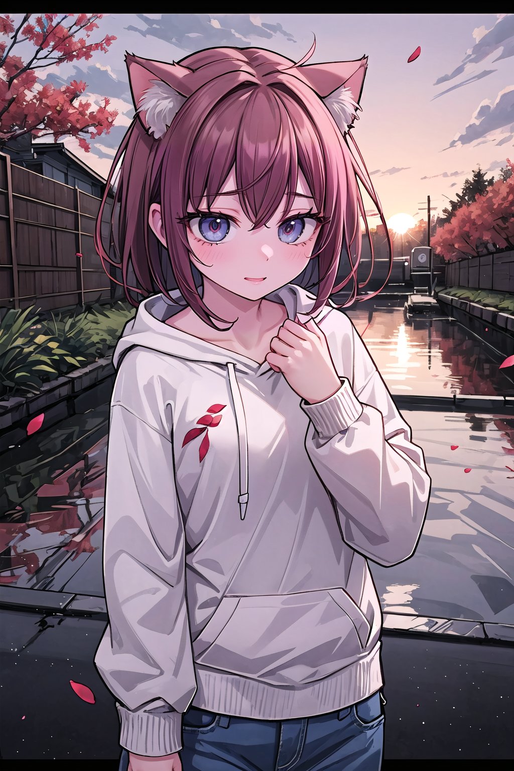 A young woman with a laid-back style, wearing jeans and a hoodie, her naturally curly red  hair framing her face, paired with soulful brown eyes and expressive eyebrows, radiating a relaxed and easygoing expression, standing, long bangs, wind, floating hair, falling petals, autumn leaves, sunset, drain \(object\), upper body, masterpiece, best quality, artgem, digital art, intricate detail, highres, 
,1girl,pastelbg,cat ear