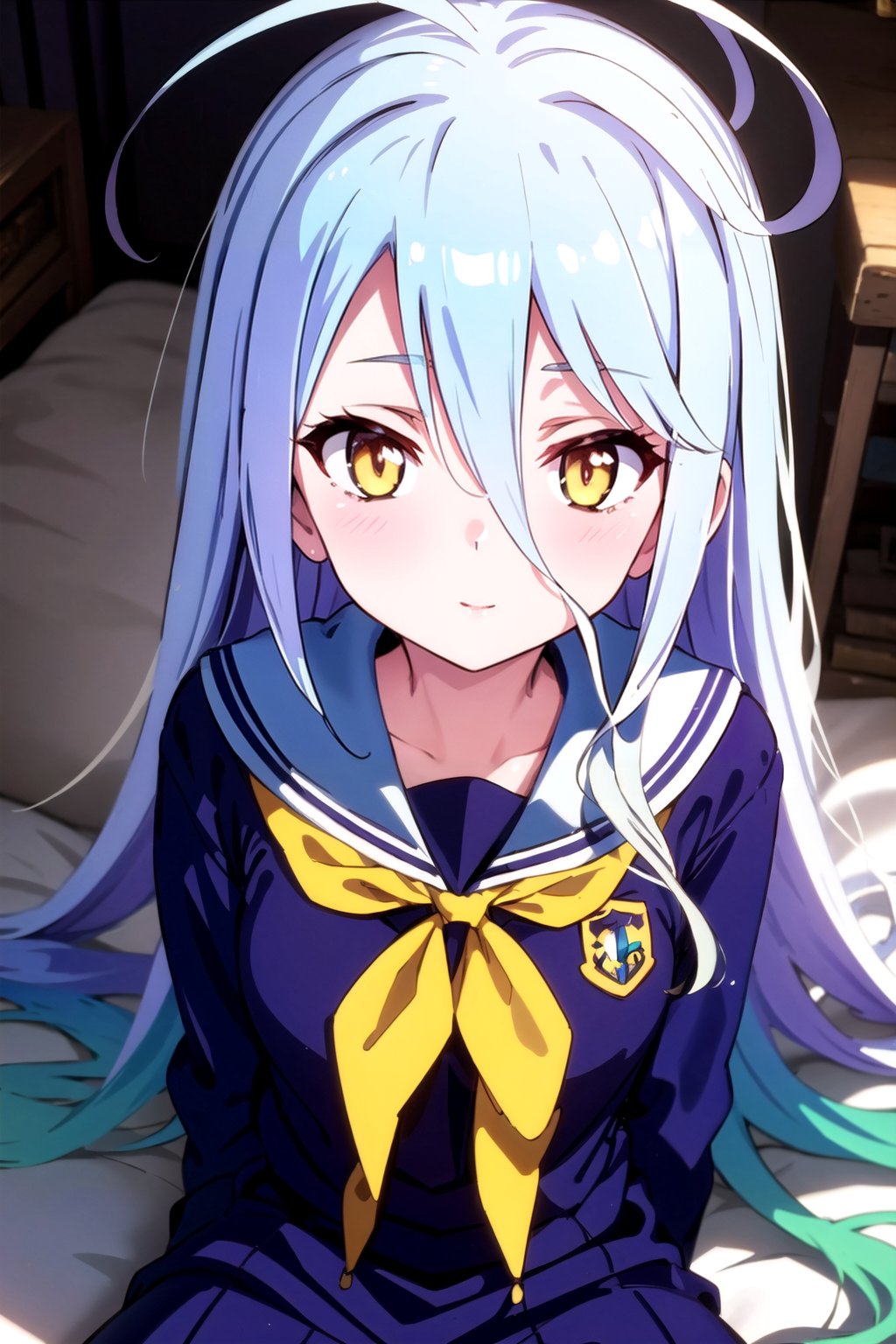 shiro,white_hair,long_hair,yellow_eyes,lolita,looking at viewer, blush,bow, hair between eyes, very long hair,  school uniform, blue hair