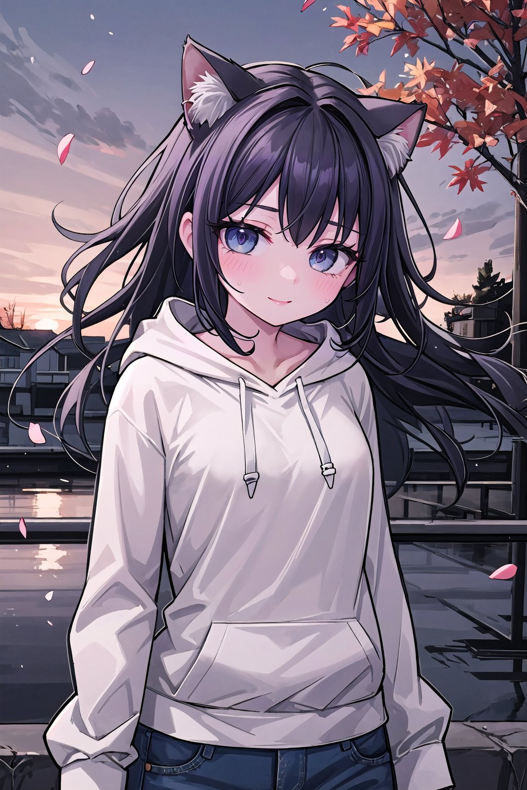 A young woman with a laid-back style, wearing jeans and a hoodie, her naturally curly black hair framing her face, paired with soulful brown eyes and expressive eyebrows, radiating a relaxed and easygoing expression, standing, long bangs, wind, floating hair, falling petals, autumn leaves, sunset, drain \(object\), upper body, masterpiece, best quality, artgem, digital art, intricate detail, highres, 
,1girl,pastelbg,cat ear