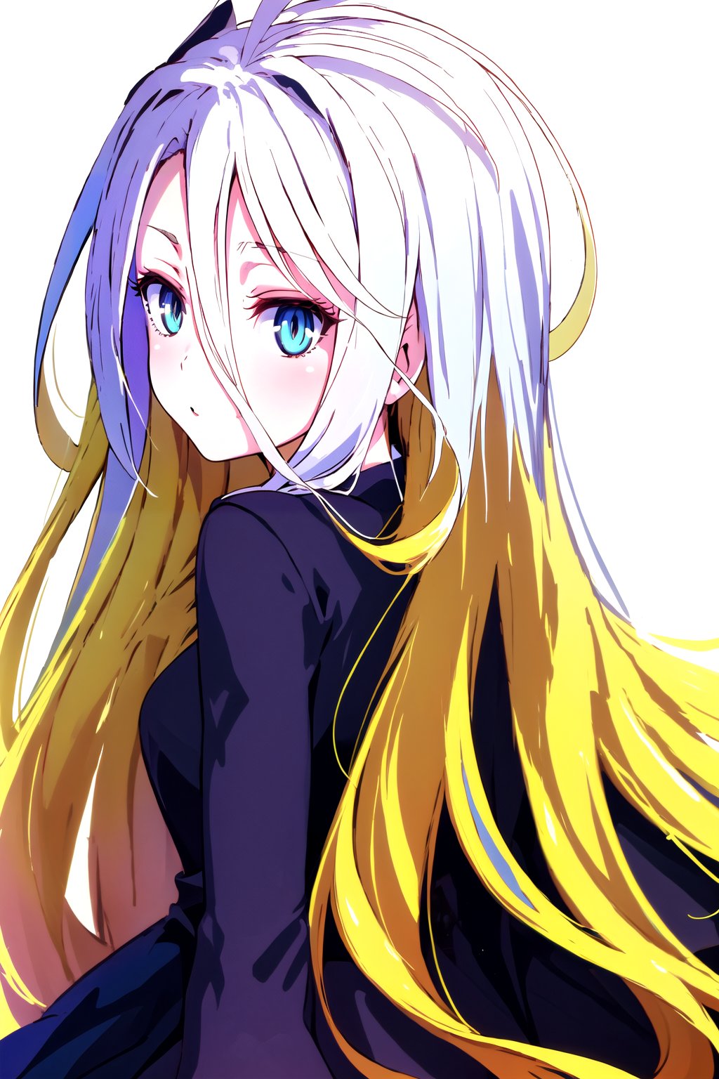 1girl solo long hair looking at viewer blue eyes blonde hair simple background white background dress very long hair looking back from behind black dress absurdly long hair