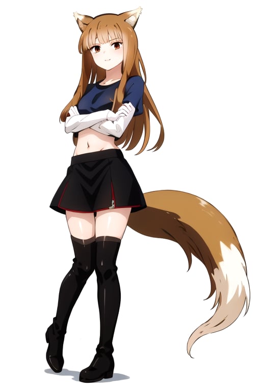 ,holo,1girl, solo, long hair, skirt, simple background, brown hair, shirt, black hair, thighhighs, white background, navel, brown eyes, full body, boots, midriff, black thighhighs, black footwear, zettai ryouiki, thigh boots, crossed arms, t-shirt,wolf ,tail 