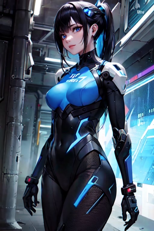 Best picture quality, high resolution, 8k, realistic, sharp focus, realistic image of elegant lady, beauty, supermodel, long hair, beautiful eyes, wearing high-tech cyberpunk style blue suit, radiant Glow, sparkling suit, mecha, perfectly customized high-tech suit, ice theme, custom design, 1 girl,swordup, looking at viewer,JeeSoo, mygirl,zzmckzz,bsp,Cyberpunk,C7b3rp0nkStyle,Asia