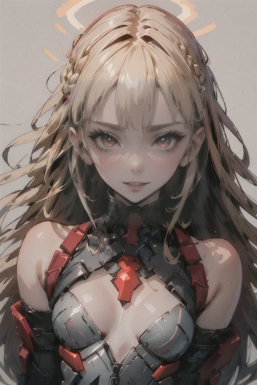 1woman, ((blank background)), vibrant colors, head and shoulders portrait, long_hair, blonde hair, single braid, pale, bangs, glowing red_eyes, warrior, large forhead,full_body