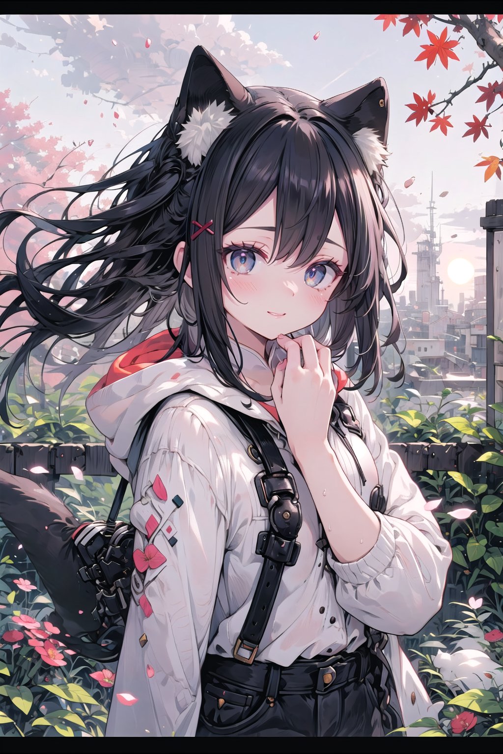 A young woman with a laid-back style, wearing jeans and a hoodie, her naturally curly black hair framing her face, paired with soulful brown eyes and expressive eyebrows, radiating a relaxed and easygoing expression, standing, long bangs, wind, floating hair, falling petals, autumn leaves, sunset, drain \(object\), upper body, masterpiece, best quality, artgem, digital art, intricate detail, highres, 
,1girl,pastelbg,cat ear