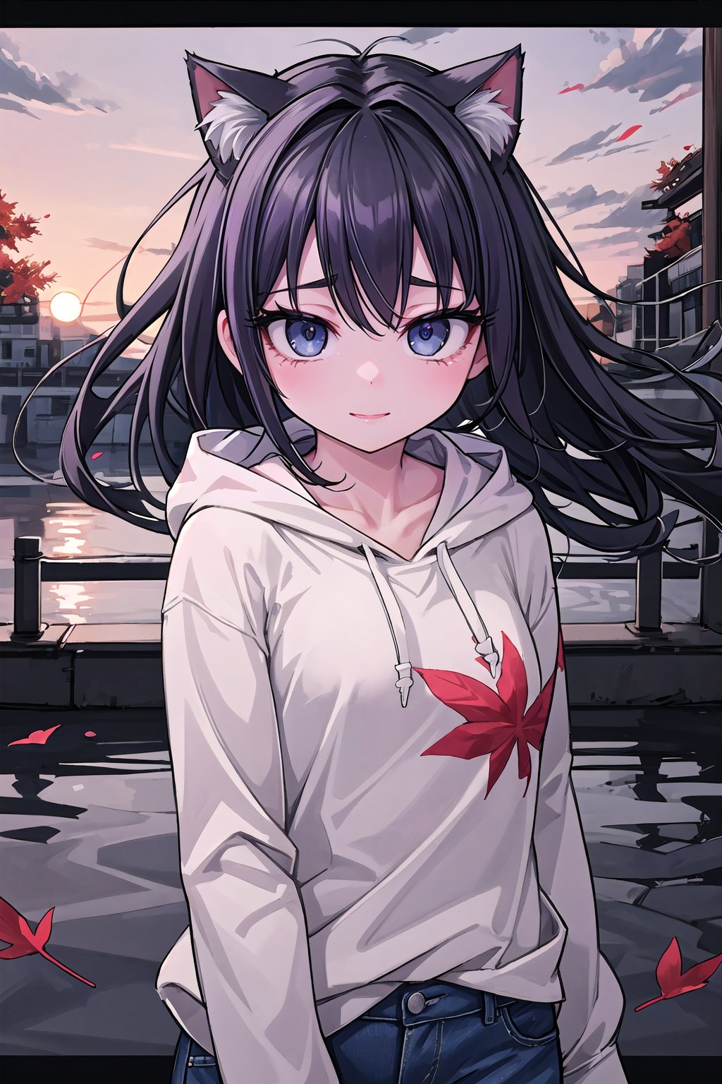 A young woman with a laid-back style, wearing jeans and a hoodie, her naturally curly black hair framing her face, paired with soulful brown eyes and expressive eyebrows, radiating a relaxed and easygoing expression, standing, long bangs, wind, floating hair, falling petals, autumn leaves, sunset, drain \(object\), upper body, masterpiece, best quality, artgem, digital art, intricate detail, highres, 
,1girl,pastelbg,cat ear