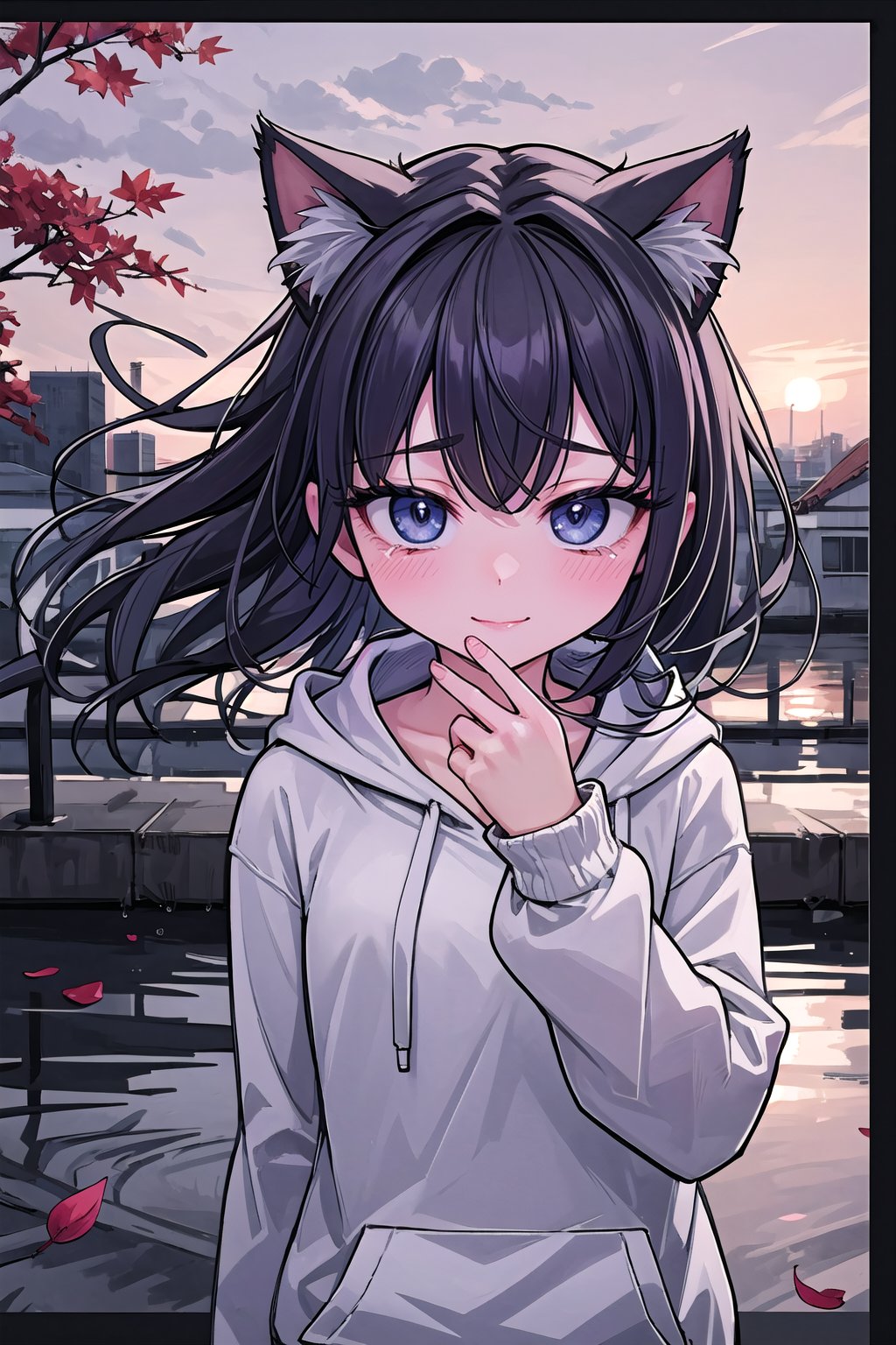 A young woman with a laid-back style, wearing jeans and a hoodie, her naturally curly black hair framing her face, paired with soulful brown eyes and expressive eyebrows, radiating a relaxed and easygoing expression, standing, long bangs, wind, floating hair, falling petals, autumn leaves, sunset, drain \(object\), upper body, masterpiece, best quality, artgem, digital art, intricate detail, highres, 
,1girl,pastelbg,cat ear