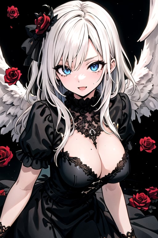 gothic maiden anime girl,angel_wolf,roses red,ultra-detailed, finely detailed, high resolution, perfect dynamic composition, beautiful detailed eyes.fang