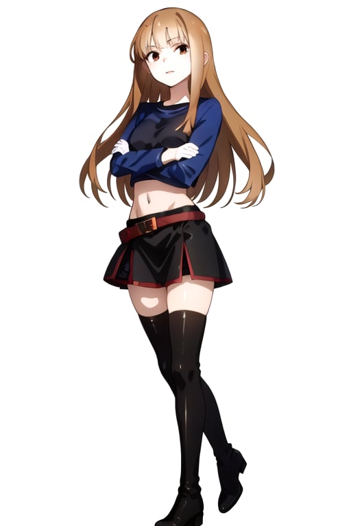 ,holo,1girl, solo, long hair, skirt, simple background, brown hair, shirt, black hair, thighhighs, white background, navel, brown eyes, full body, boots, midriff, black thighhighs, black footwear, zettai ryouiki, thigh boots, crossed arms, t-shirt