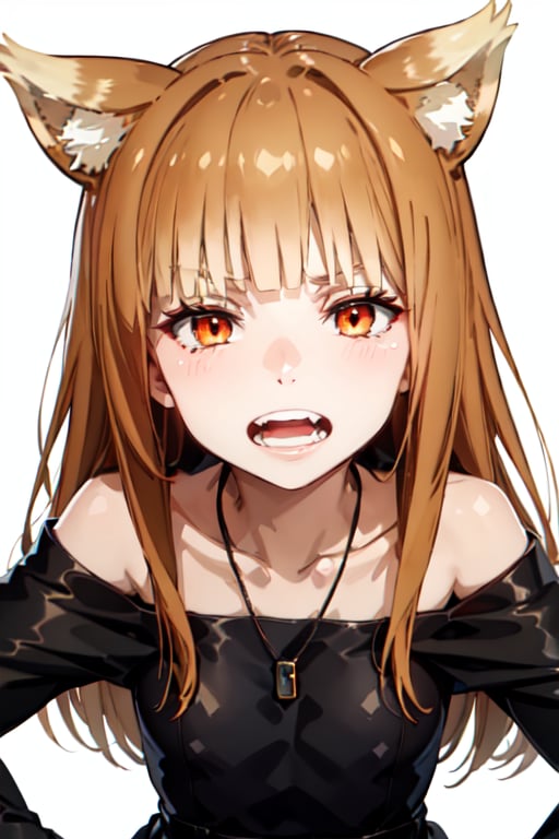 ,holo,1girl solo long hair looking at viewer blush bangs brown hair long sleeves white background dress ribbon animal ears bare shoulders jewelry collarbone upper body teeth necklace off shoulder orange hair orange eyes animal ear fluff fangs wolf ears slit pupils clenched teeth ribbon trim anger vein angry wolf girl spoken anger vein mouth pull