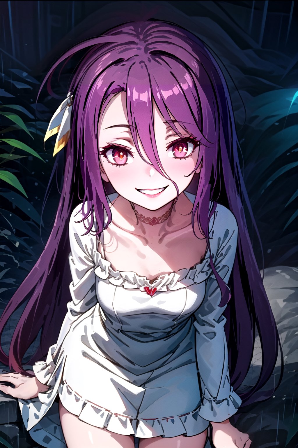 1girl solo long hair looking at viewer smile bangs black hair red eyes long sleeves dress ribbon hair between eyes very long hair collarbone outdoors frills choker indoors white dress grin red ribbon leaning forward black choker frilled dress glowing eyes