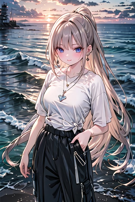 French girl,grey blonde hair(very long hair, curly_hair),long ponytail,hiphop dancer,wearing all black clothes (loose fit top and wide cargo pants),sneakers,accessories(necklace,ear_rings), standing in the sea,horizon,seaside,vivid sea color,red lighthouse,sunset,Best Quality, 32k, photorealistic, ultra-detailed, finely detailed, high resolution, perfect dynamic composition, beautiful detailed eyes, sharp-focus, cowboy_shot, 