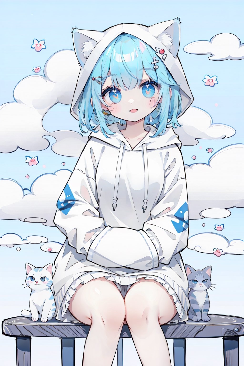 (masterpiece, best quality, highres:1.3), ultra resolution image, (1girl), (solo), kawaii, accessories, gleaming blue hair, (white kitty hoodie:1.5), cat themed, ears on hood, unique, (cute background:1.5), pastel shades, fluffy clouds, (relaxed atmosphere:1.3), soft, minimalistic style, (focus on character:1.4), adorable, dreamy, cat tower, magical, colorful, smile, happy