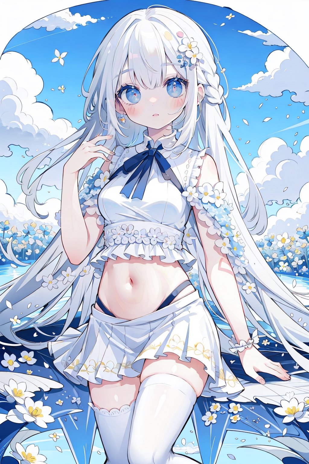 (masterpiece, best quality, highres:1.3), ultra resolution image, (1girl), (solo), kawaii, white hair, long hair, navel, white legwear, outdoors, clouds, flowers, beautiful lighting