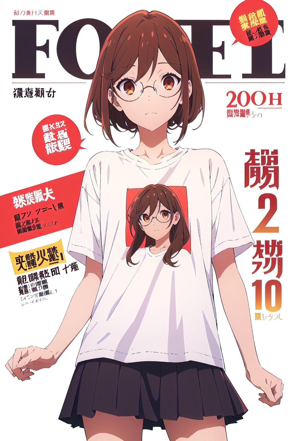,horimiya_hori,1girl,20 years old,brown eyes,magazine cover,modeling pose, standing,foreground,dominant,pov_eye_contact,white background, front view,sports t-shirt,college skirt, glasses