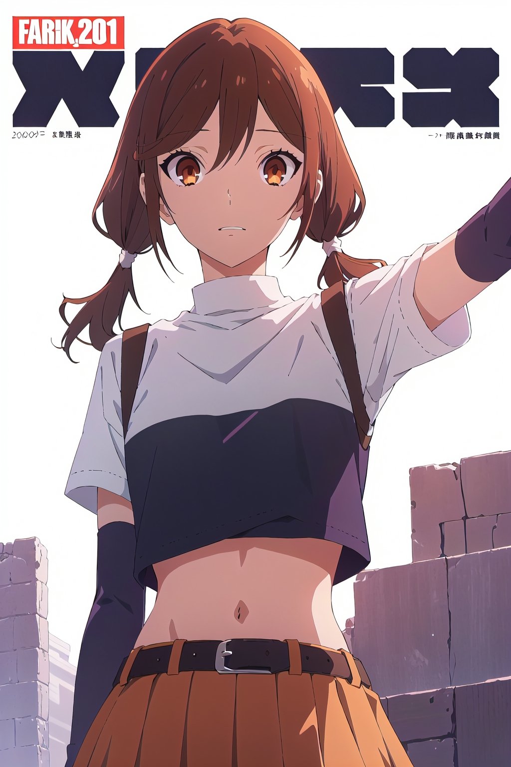 2000s fashion,horimiya_hori,1girl,20 years old,brown eyes,magazine cover,modeling pose, standing,foreground,dominant,pov_eye_contact,arm warmers, high waist skirt, big belt, fitted crop top, twin_tails, white background, stockings, holding ass
