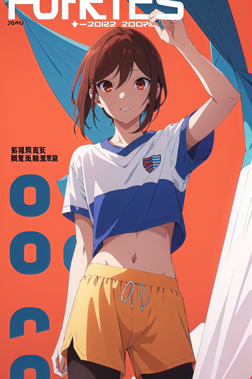 coquette aesthetic,horimiya_hori,1girl,20 years old,brown eyes,magazine cover,modeling pose, standing,foreground,pov_eye_contact,sports shorts,sports shorts,leggings, make-up, dominant,eye shading,wrapped in a flag