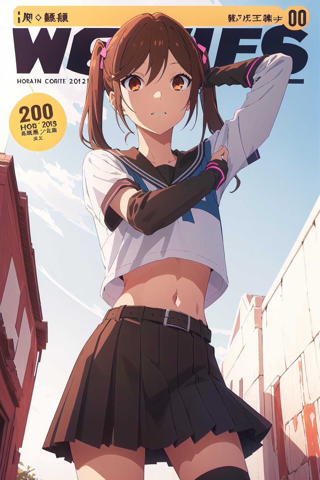 2000s fashion,horimiya_hori,1girl,20 years old,brown eyes,magazine cover,modeling pose, standing,foreground,dominant,pov_eye_contact,arm warmers, high waist skirt, big belt, crop top, twin_tails